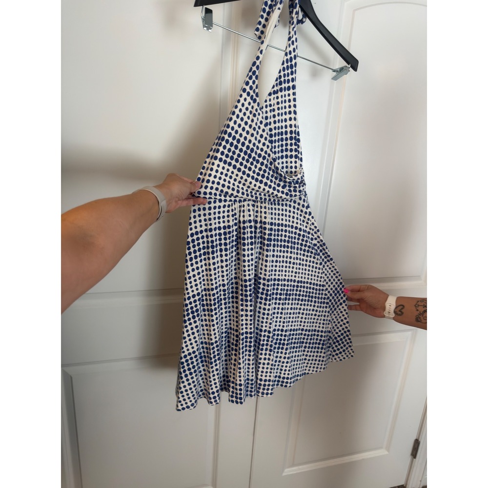 Boden Navy Blue White Polka Dot Halter Dress Surplice Neck Petite 6P